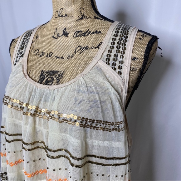 Free People Cream Multi Color Sequin Mesh Tank Top - Picture 2 of 16